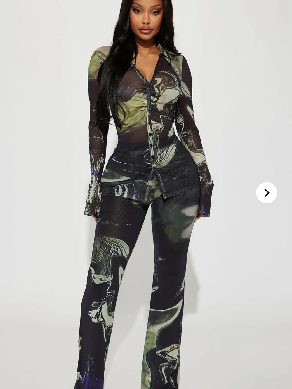 Fashion Nova Marble-Print Bootcut Set — Black & Olive